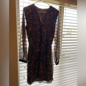 Ann Taylor knee length dress with sheer sleeves and a leather wrap belt.